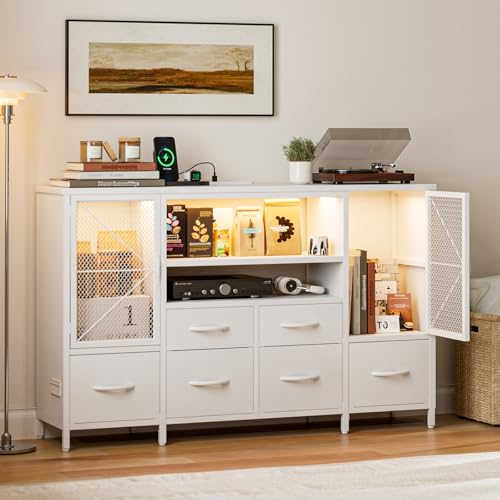 IKIFLY チェスト収納 タンス 棚付き リビングキャビネット 扉 箪笥リビング LEDライト テレビボード おしゃれ 収納ケース 引き出し 大容量 USBポート洋服タンス 布製 玄関キャビネット 収納ボックス 整理タンス 寝室収納 一人暮らし【幅120×奥行30×高さ75cm】ホワイト